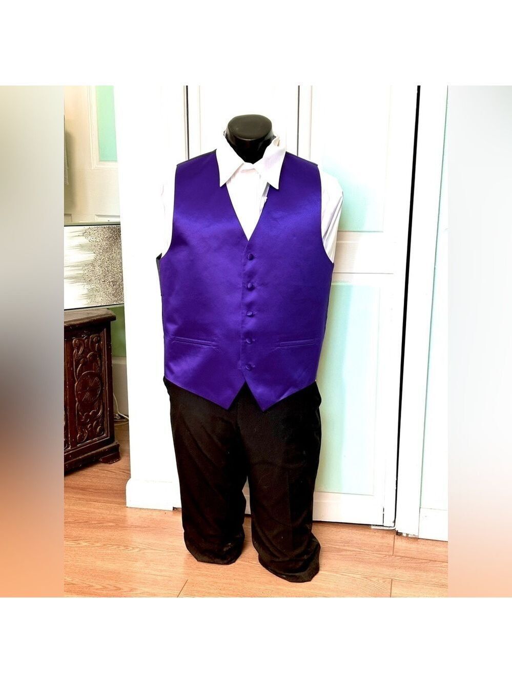 Royal Purple Satin Closed Back Vest Wedding Prom Men’s Medium Tall Long